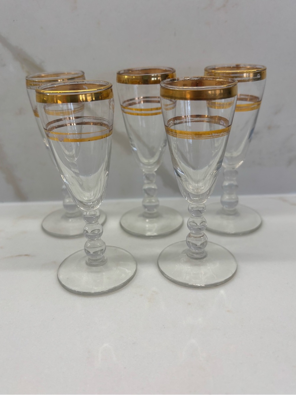 5 Vintage Gold Rimmed Clear Crystal Cordial Liqueur Glasses Beaded Stem